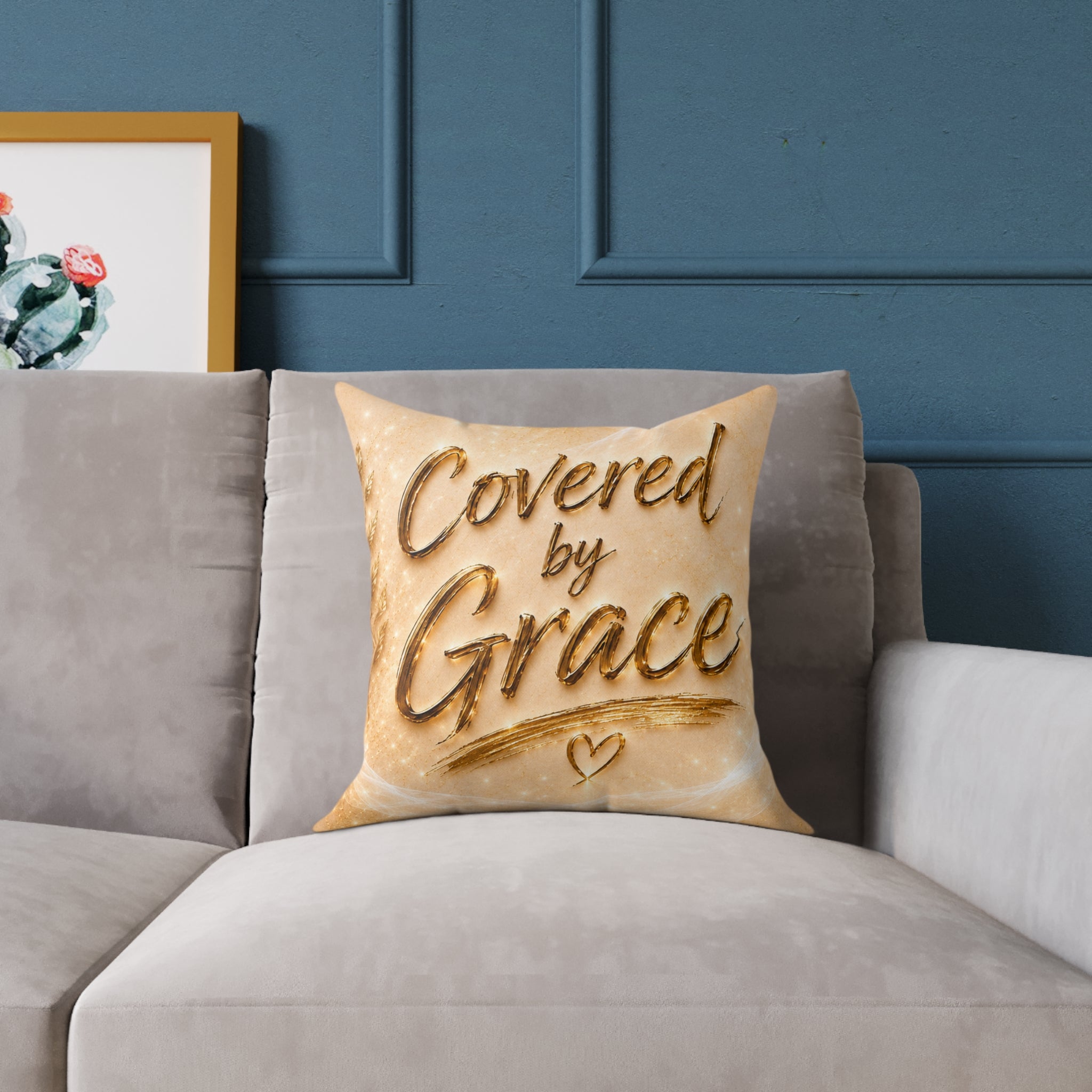 Covered by Grace Square Throw Pillow — Inspirational Faith Decor