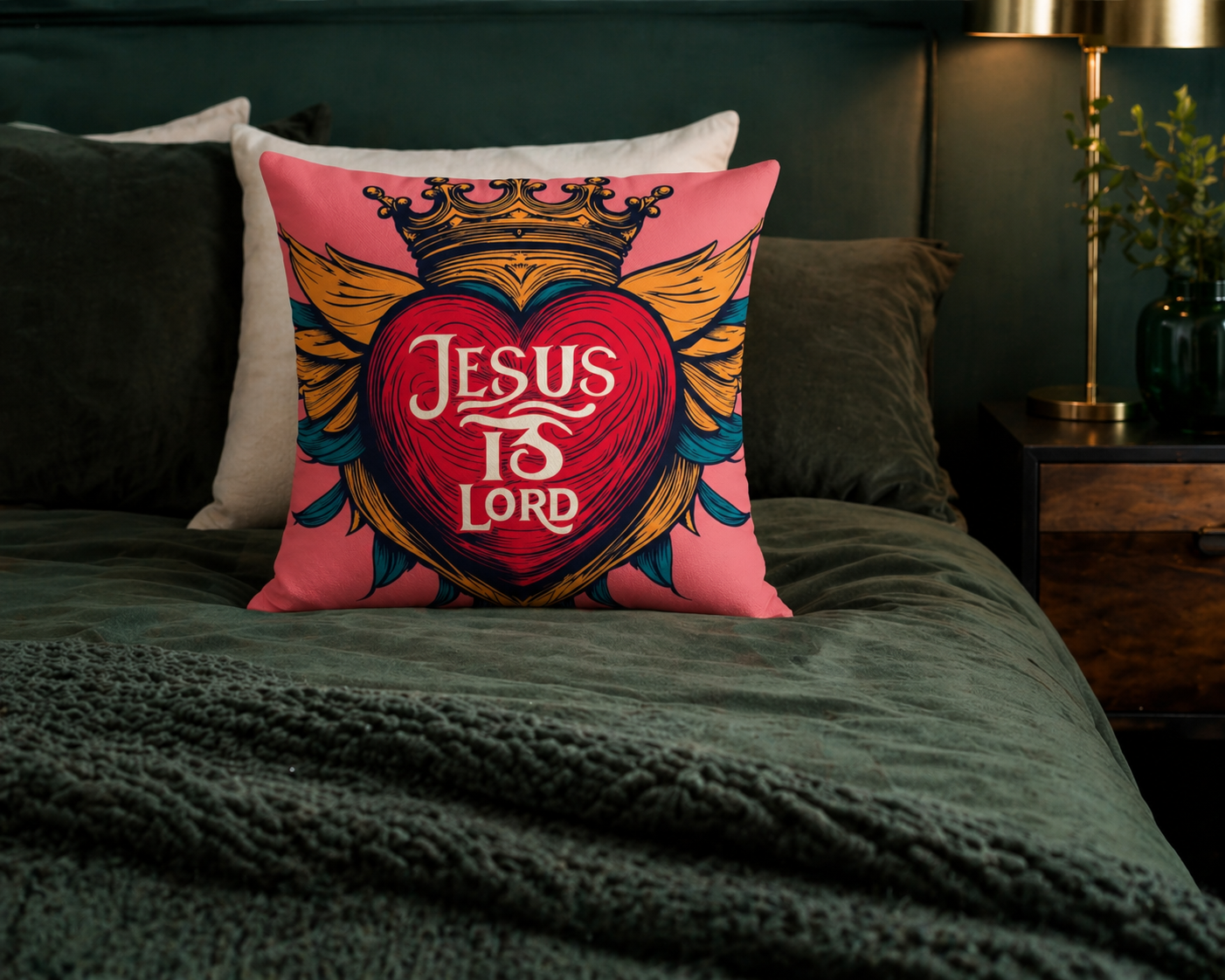 Jesus Is Lord Heart Crown Decorative Pillow — Faith Christian Throw Pillow