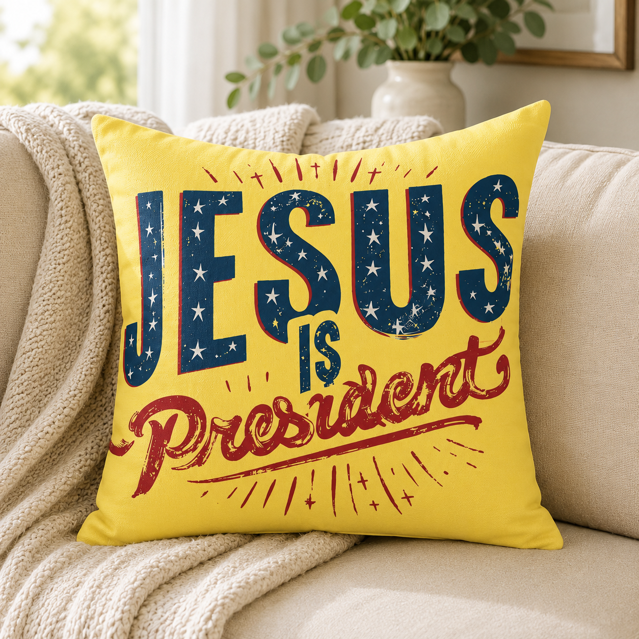 Jesus Is President Square Poly Canvas Pillow — Faith-Based Decorative Throw Pillow